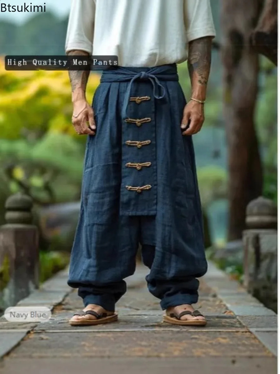 Ethnic Style Casual Cotton Linen Wide Leg Pants Spring Summer Mens Solid Color Lace-up Baggy Pants Vintage Streetwear Male 260311