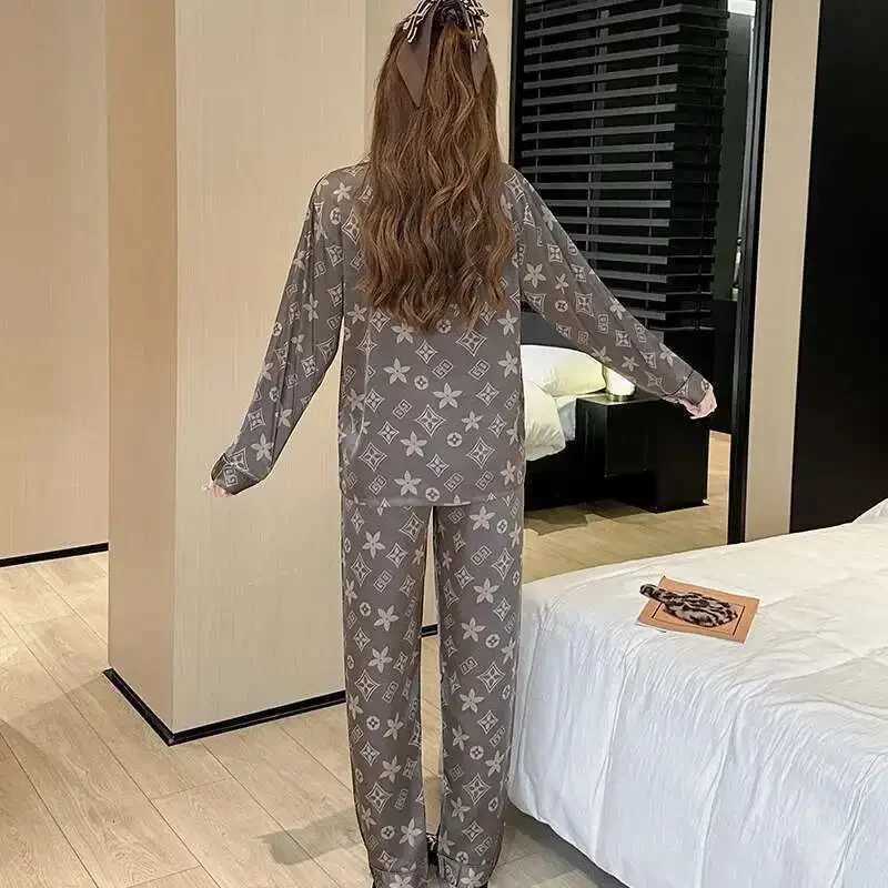 Women's Satin Pajama Set - Monogram Print, Button-Front, Comfortable Loungewear for All SeasonsT260212