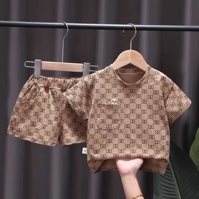 Kids Casual Set - Retro Monogram Print, Cute Bear Embroidery, Breathable Cotton, Elastic Waist Shorts, Practical Pocket 2-Piece Summer SetT260212