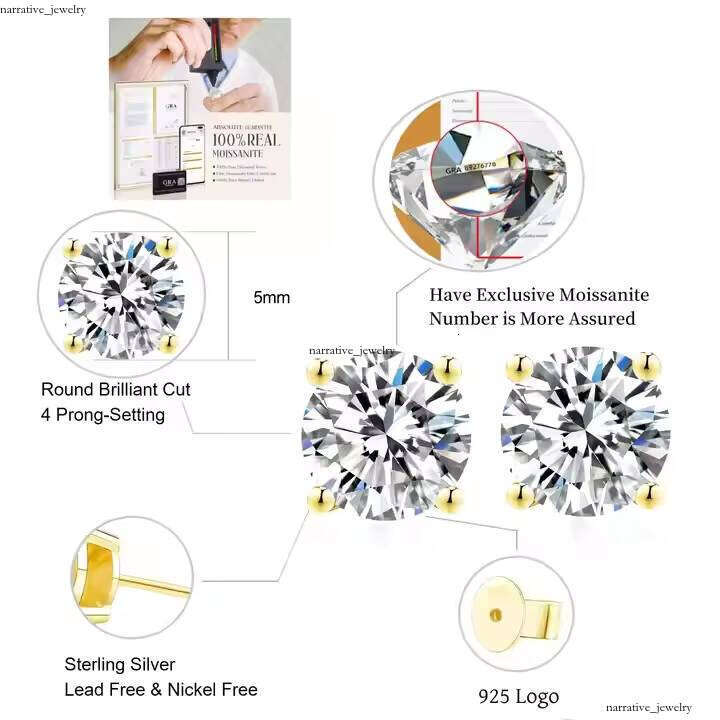 High Quality 0.5ct Gold Plated 925 Sterling Silver Vvs Moissanite Stud Earrings Men Gra Certificate