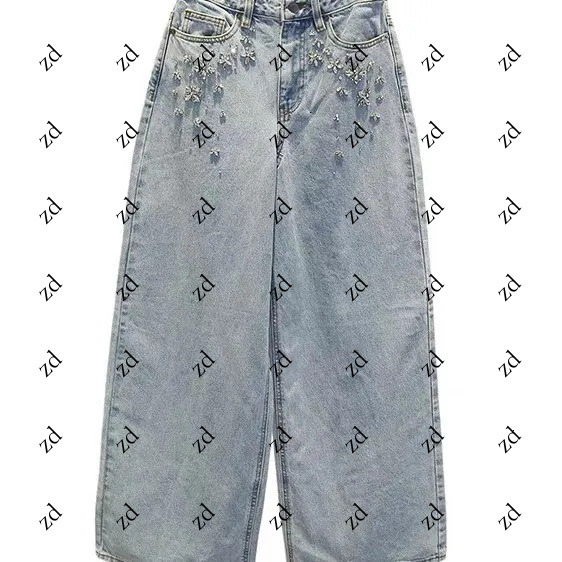 High-Quality Celebrity Style SP Home Small Flower Rhinestone Blue Jeans High Waist Loose Slimming Wide-Leg Casual Long Pants