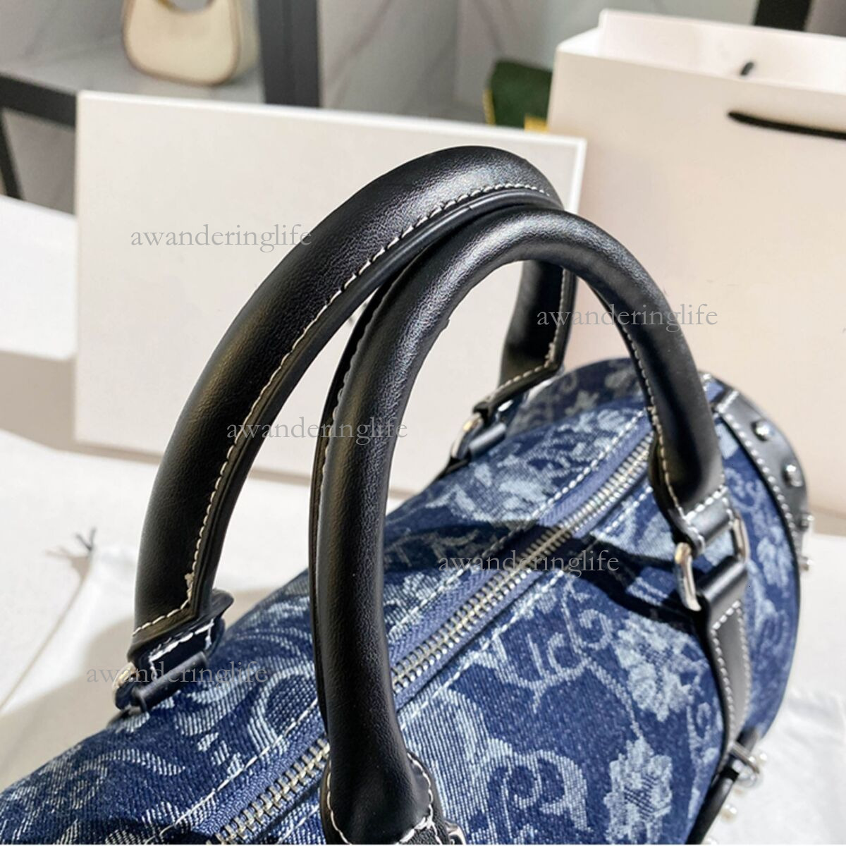 2026 Luxury New Retro Boston Bag High-end Commuting Denim Women's Shoulder Bag Fashionable Versatile Mini Rivet Student Casual Bag Trendy Pendant