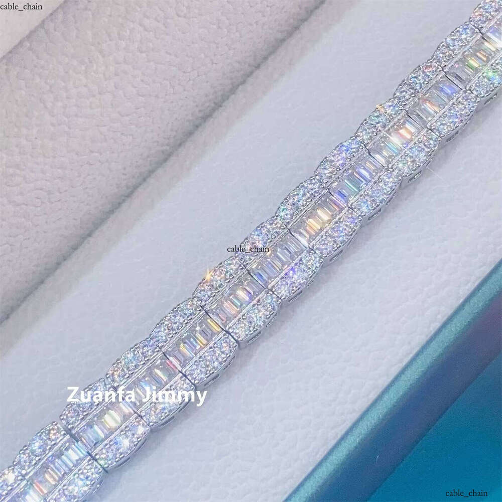 VVS Moissanite Hip-Hop Rapper Style Custom Pass New Design 9mm Long Stick Bread + Round VVS1 Silicon Stone Cluster Tennis Cuban Chain Bracelet