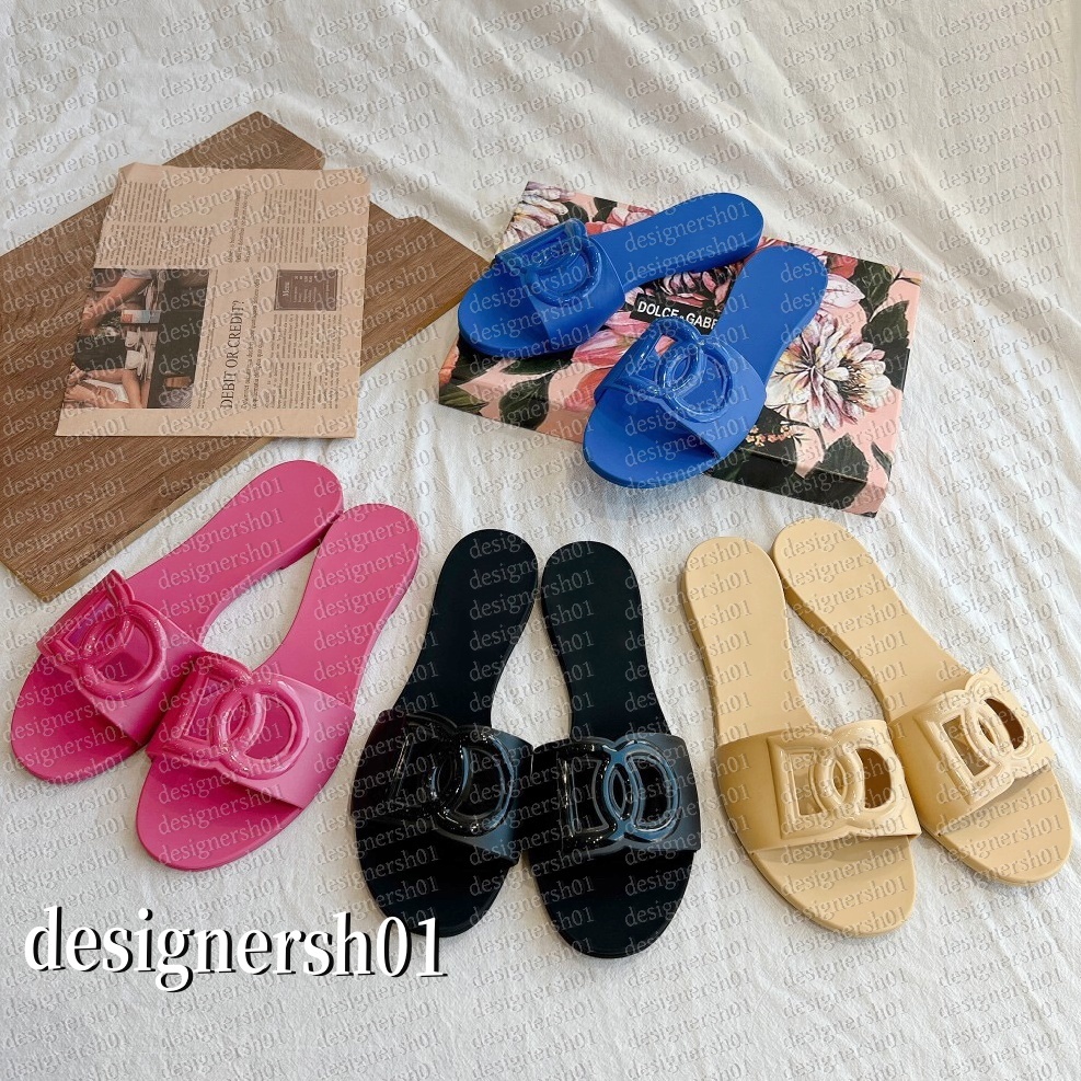 Designer Sandals Women Interlocking Slides Rubber Slippers Ladies Flat Beach Jelly Script Blue Summer Fall Mules Outdoor Waterproof Luxury Size 36-42
