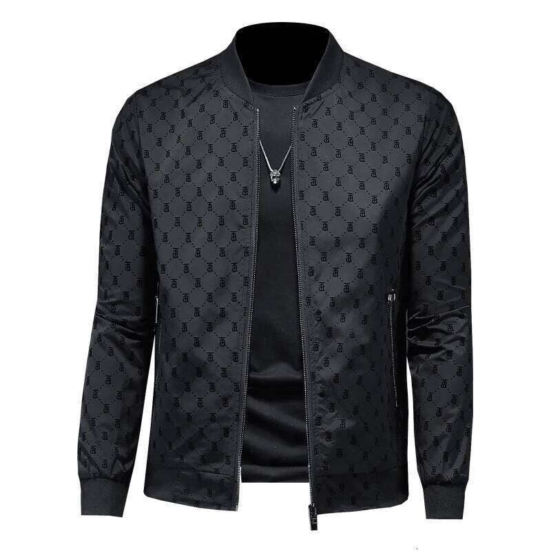 High-End Men's Fce Print Jaet Baseball Sle Casual Bla Versatile Spring Autumn Faion Urban Youth Designer Fashion 2026 Zipper Sve Long Coat