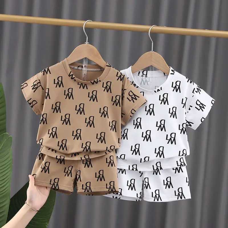 Kids Casual Set - Trendy All-Over Letter Print, Two-Color Options, Breathable Fabric, Summer 2-Piece SetT260212