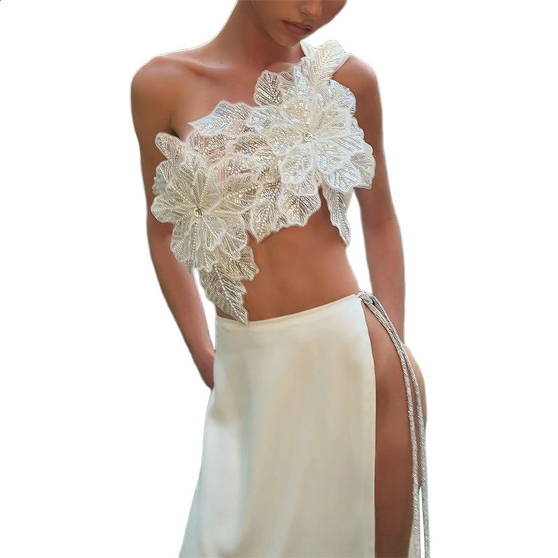 Weird Puss Sequin Flowers 2Piece Set Women Sexy Beach Vacation y2k Chic Skew Collar Tank TopsBandage Maxi Split Skirts Clubwear 250415