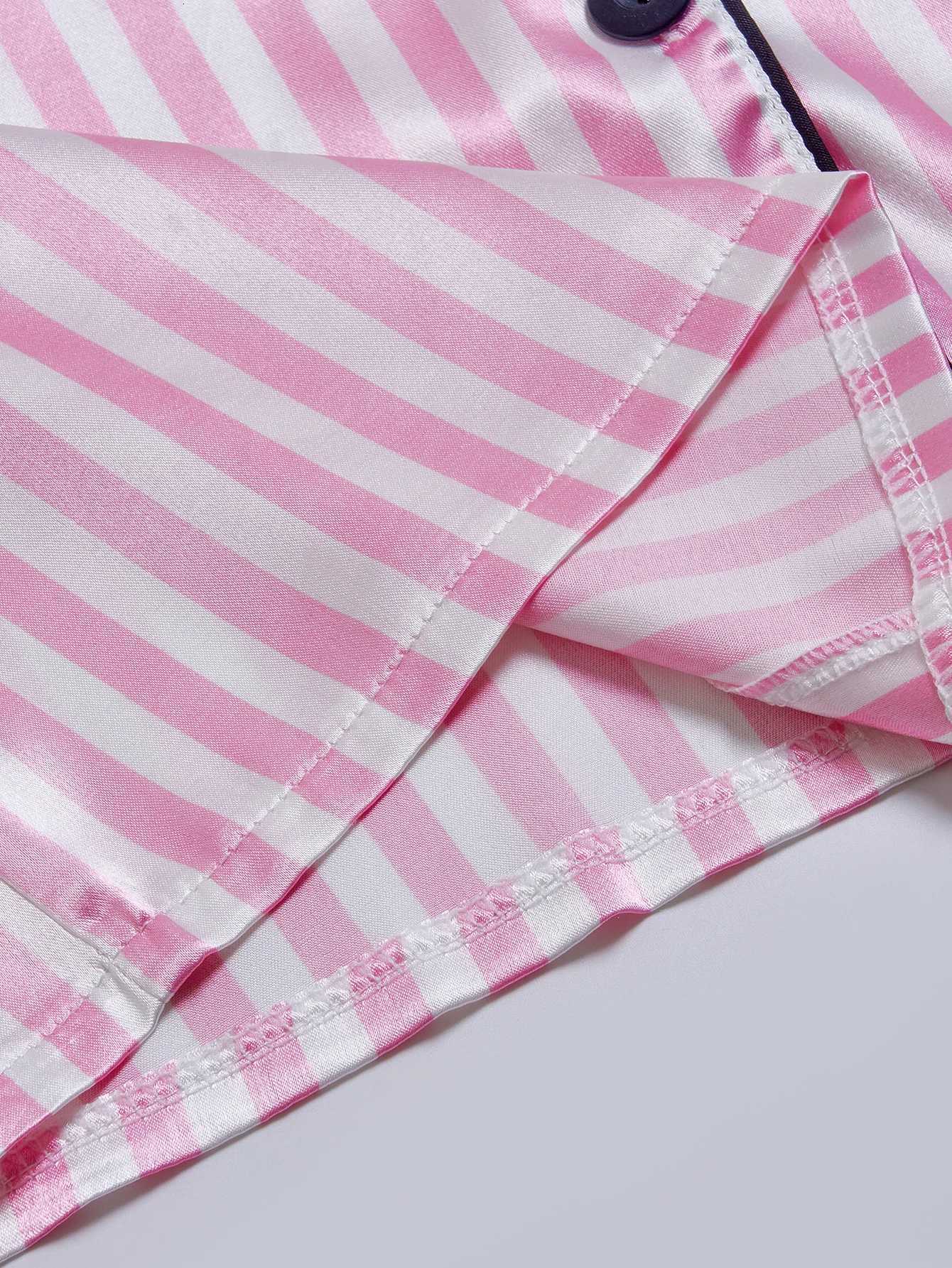 Women's Satin Pajama Set - Pink Striped, Monogram Detail, Contrast Piping, Comfortable Short-Sleeve LoungewearT260212