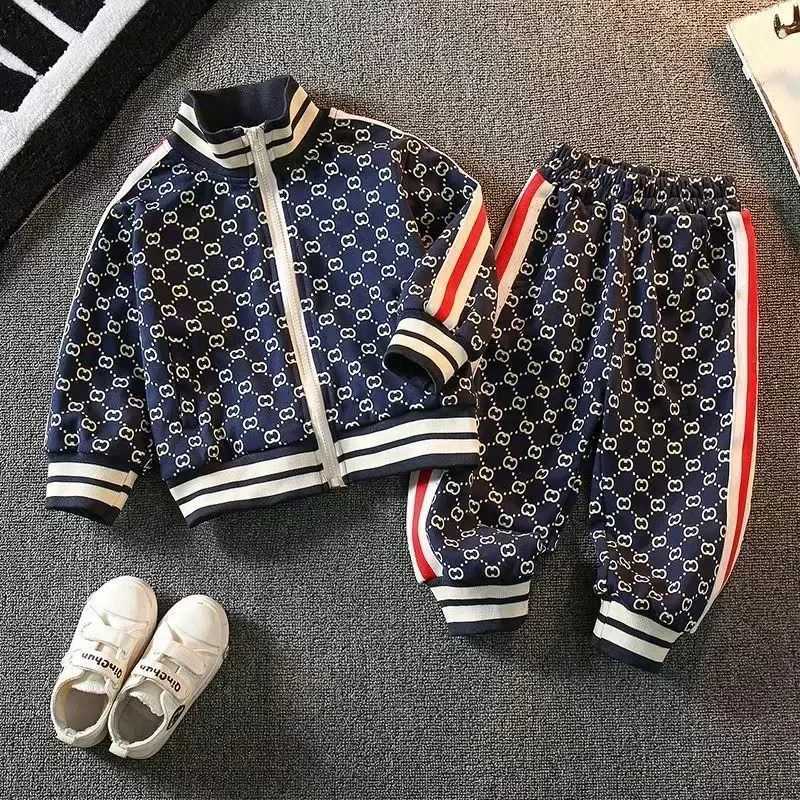 Tracksuit Set for Kids, Retro Monogram Full-Zip Jacket with Contrast Stripe Joggers, Soft Cotton-Blend Activewear for Daily PlayT260225