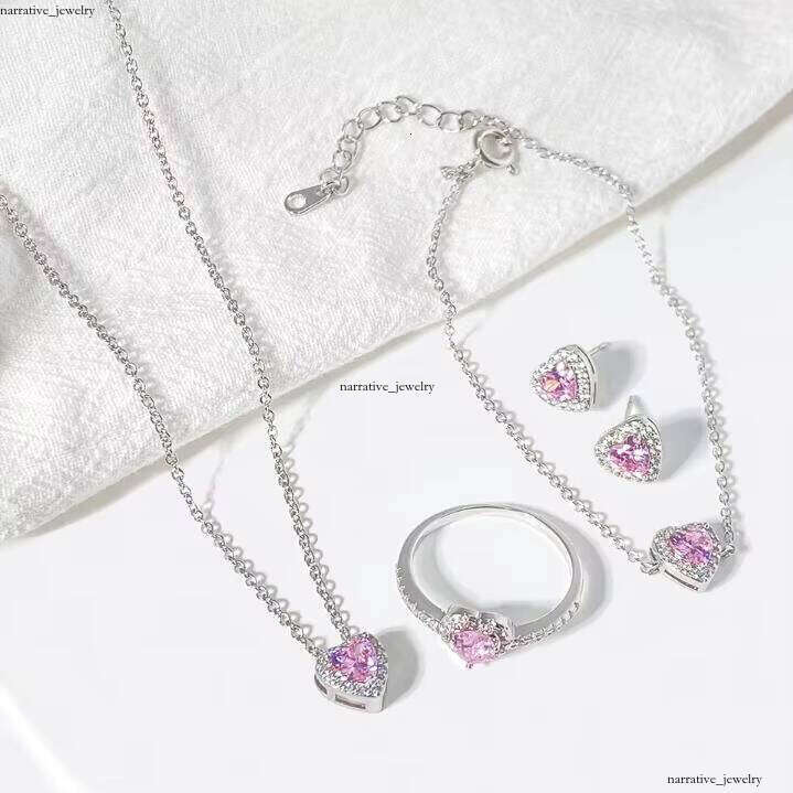 925 Sterling Silver Fine Jewelry Set Gold Including Necklace Ring Women-Red Blue Pink Stone Heart Stud Earrings Gift