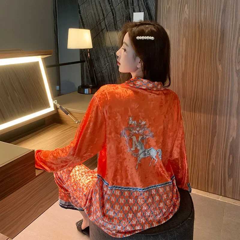 Women's Satin Pajama Set - Vibrant Orange, Horse Embroidery, Contrast Trim, Comfortable LoungewearT260212