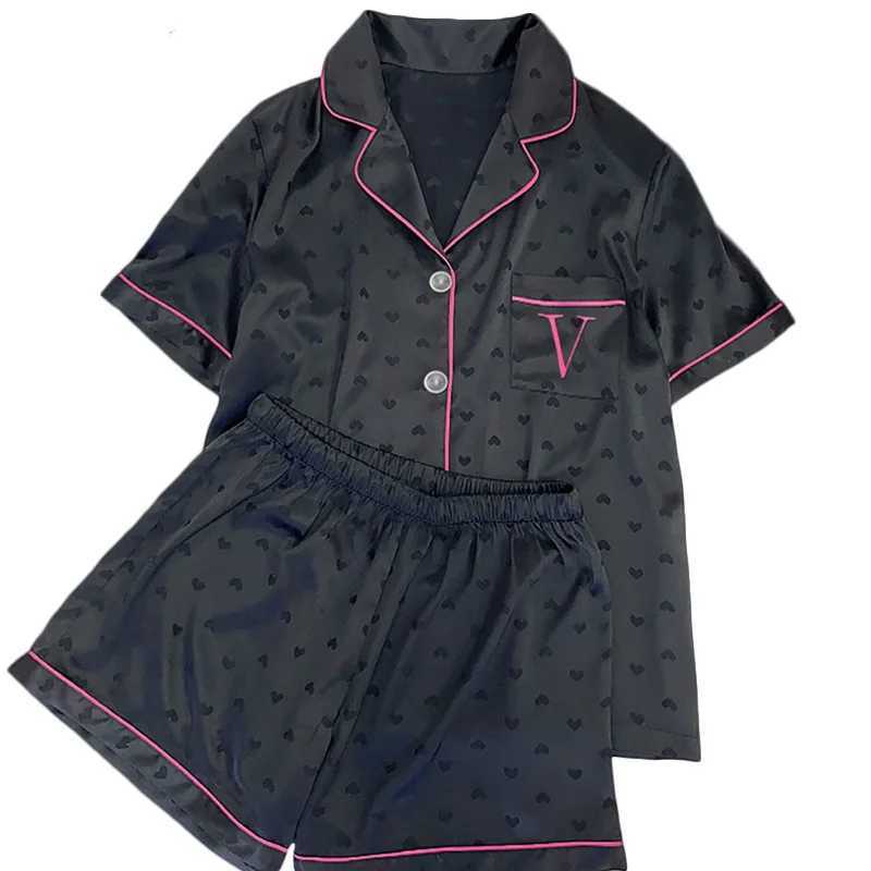 Ice-Silk Cool-Touch, Black Heart Print, Short-Sleeve Shorts Summer NightwearT260212