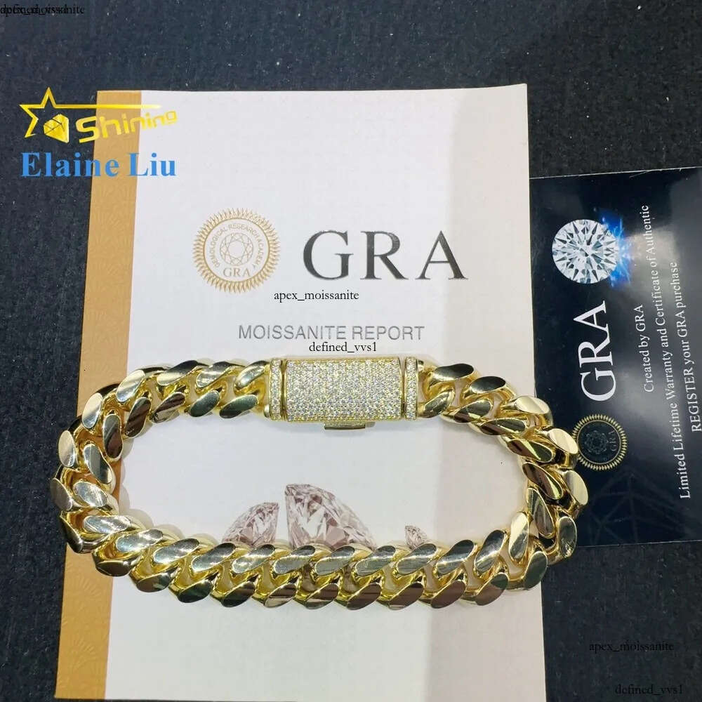 Fashion Sterling Silver 925 VVS Moissanite Lab Diamond Clasp Hip Hop Jewelry 14K Real Gold Plated Cuban Link Chain Bracelet 75