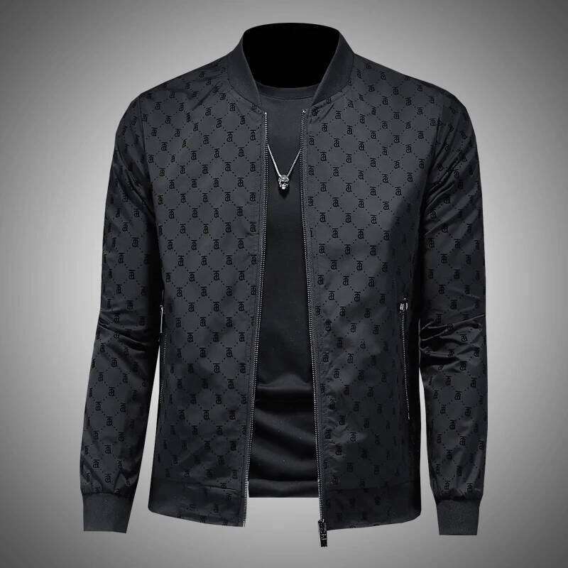 High-End Men's Fce Print Jaet Baseball Sle Casual Bla Versatile Spring Autumn Faion Urban Youth Designer Fashion 2026 Zipper Sve Long Coat