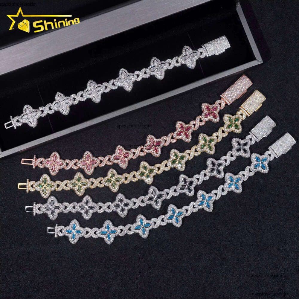 New Stocks Pass Diamond Tester Silver 925 Gold Plated Hip Hop Jewelry Custom Colored Moissanite Clover Cuban Bracelet 10