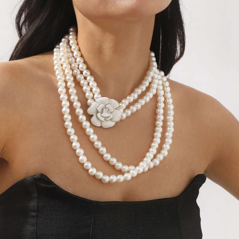 Necklaces for Women New Multi Layer Pearl Camellia Flower Pendant Fashion Ins Versatile Long Sweater Chain Jewelry