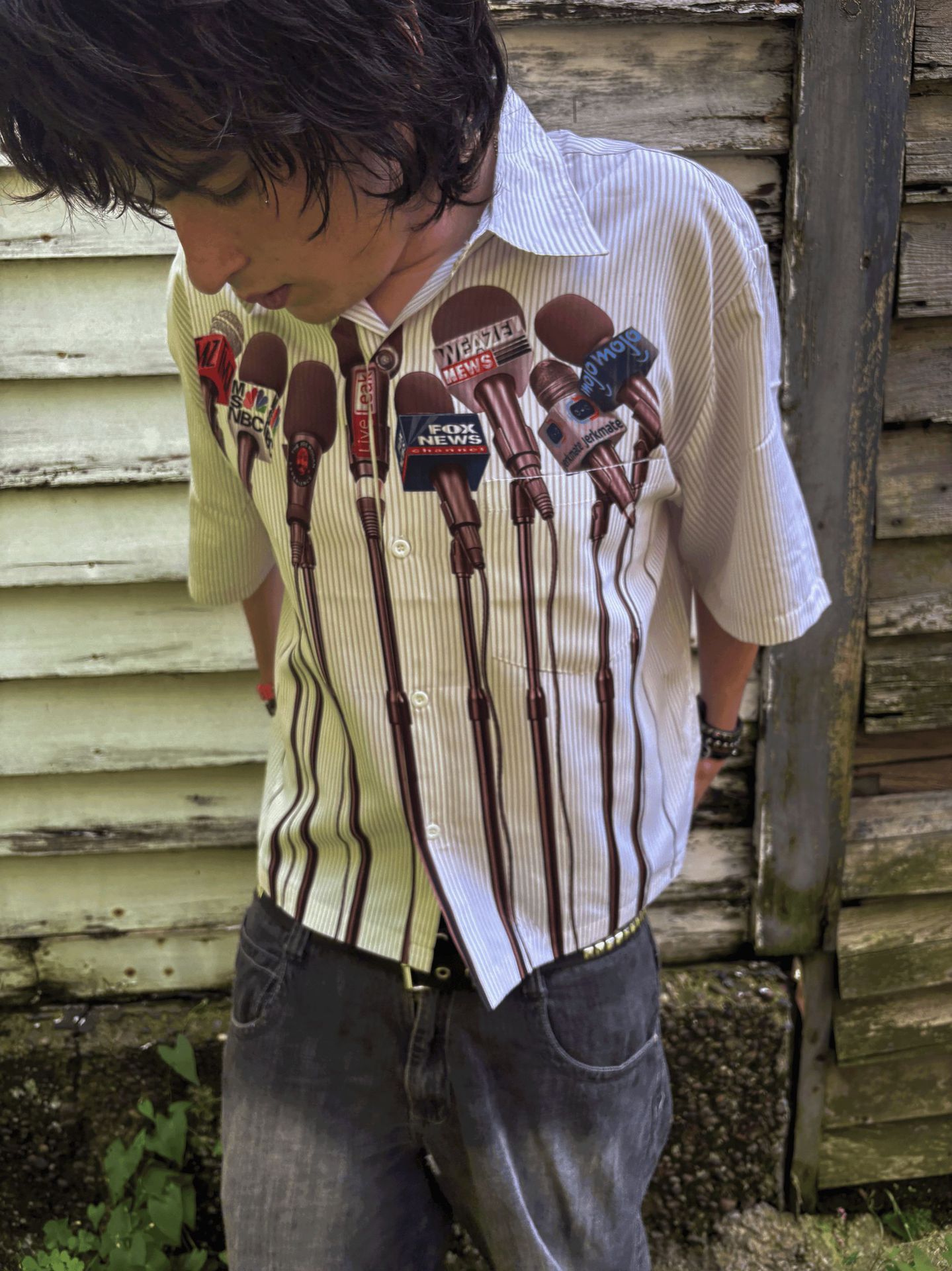 Men's T Shirts Harajuku Casual Y2K Microphone Personalized Pattern Printed Shirt Art Striped Style Stand Collar Short Sleeve Men Loose New Top Vi