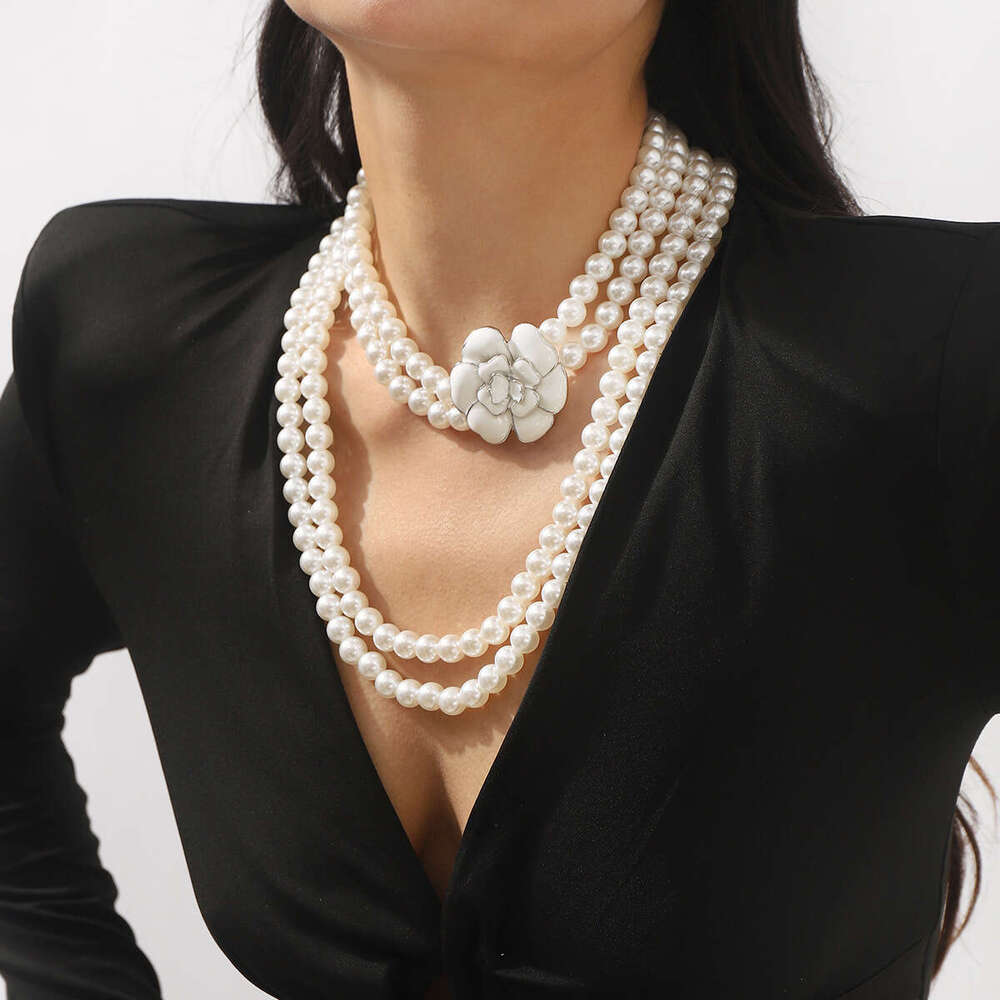 Necklaces for Women New Multi Layer Pearl Camellia Flower Pendant Fashion Ins Versatile Long Sweater Chain Jewelry
