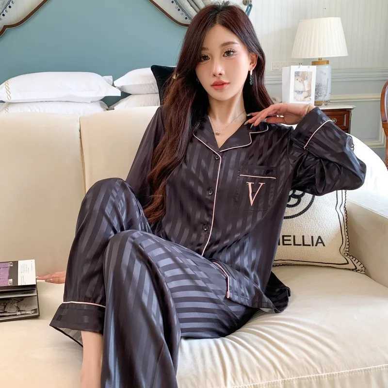 Striped Jacquard, Monogram Pocket, Contrast Piping, Long Sleeve Long Pants Lightweight Sleepwear for Spring & AutumnT260212