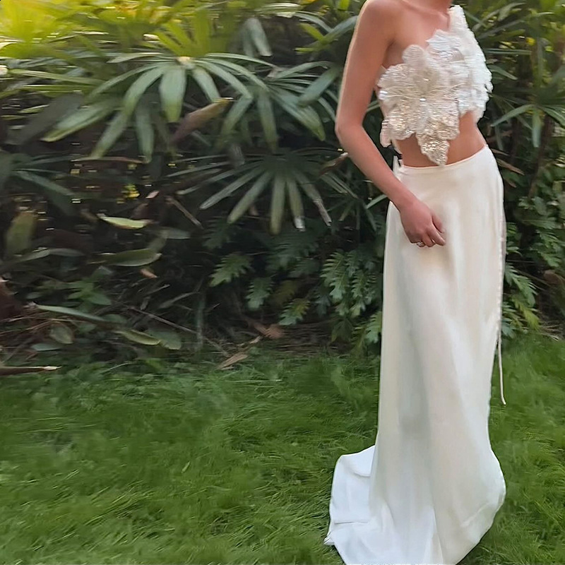 Weird Puss Sequin Flowers 2Piece Set Women Sexy Beach Vacation y2k Chic Skew Collar Tank TopsBandage Maxi Split Skirts Clubwear 250415