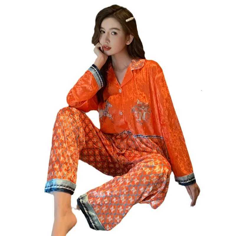 Women's Satin Pajama Set - Vibrant Orange, Horse Embroidery, Contrast Trim, Comfortable LoungewearT260212