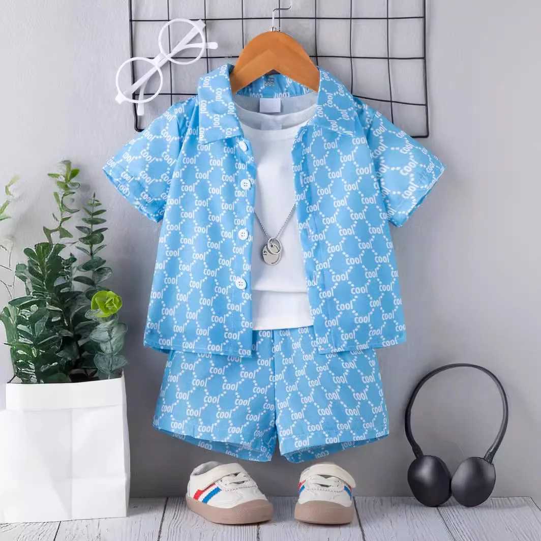 Kids Casual Set - All-over "cool" Print Turn-Down Collar Shirt, Elastic Waist Shorts, Breathable Blue Summer 2-Piece SetT260212