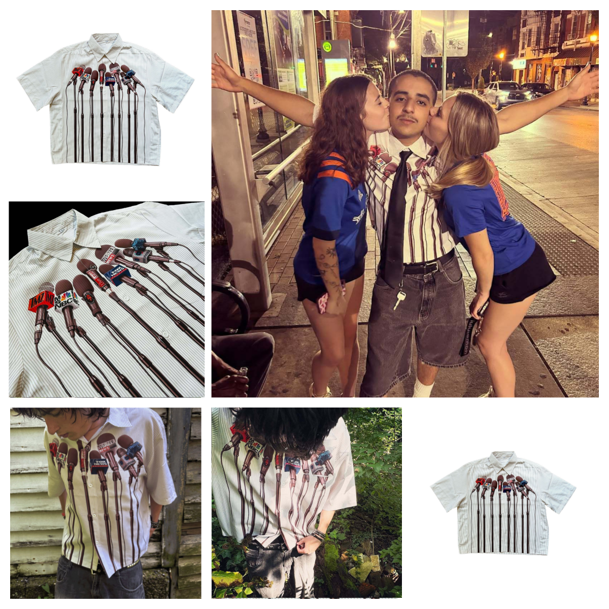 Men's T Shirts Harajuku Casual Y2K Microphone Personalized Pattern Printed Shirt Art Striped Style Stand Collar Short Sleeve Men Loose New Top Vi
