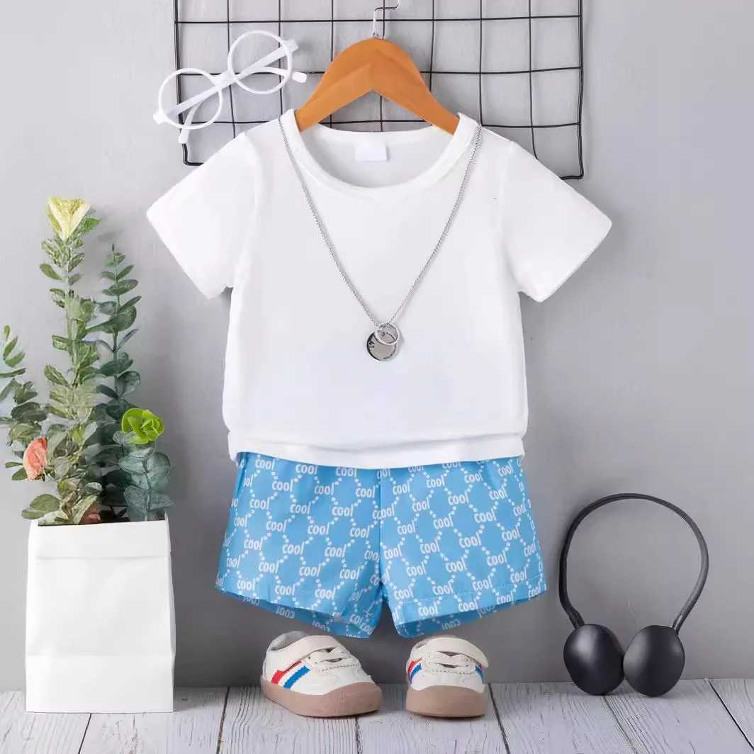 Kids Casual Set - All-over "cool" Print Turn-Down Collar Shirt, Elastic Waist Shorts, Breathable Blue Summer 2-Piece SetT260212