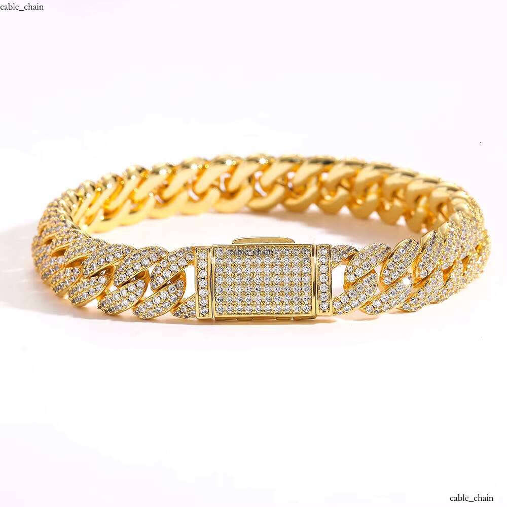 10mm Link Chain Hip Hop Jewelry 18K Gold Plated Brass Two Row VVS Moissanite Crystal Iced Cuban Bracelet