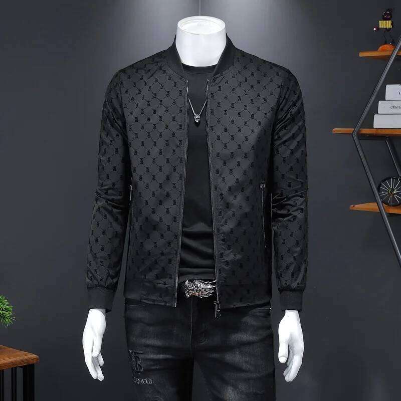 High-End Men's Fce Print Jaet Baseball Sle Casual Bla Versatile Spring Autumn Faion Urban Youth Designer Fashion 2026 Zipper Sve Long Coat