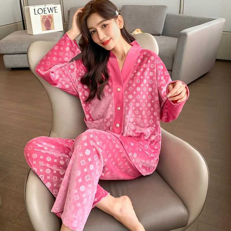 Luxury Pink Jacquard Monogram, Button Front Pockets, Long Sleeve Long Pants Warm Sleepwear for Autumn & WinterT260212