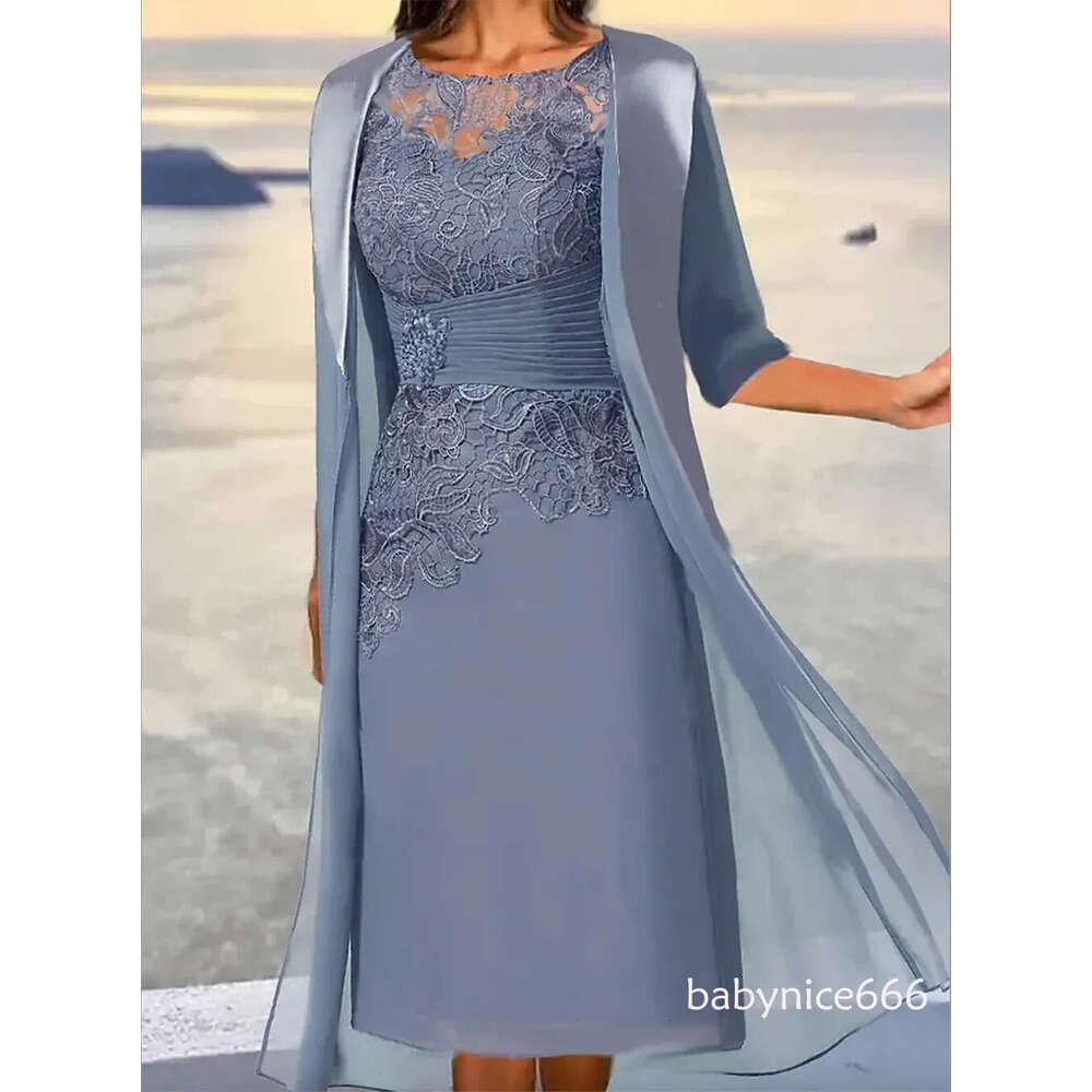 Dusty Blue Short Mother Of The Bride Dresses With Jacket A-line Chiffon Lace Appliques Beaded Groom Evening Party Gown For Wedding Plus Size
