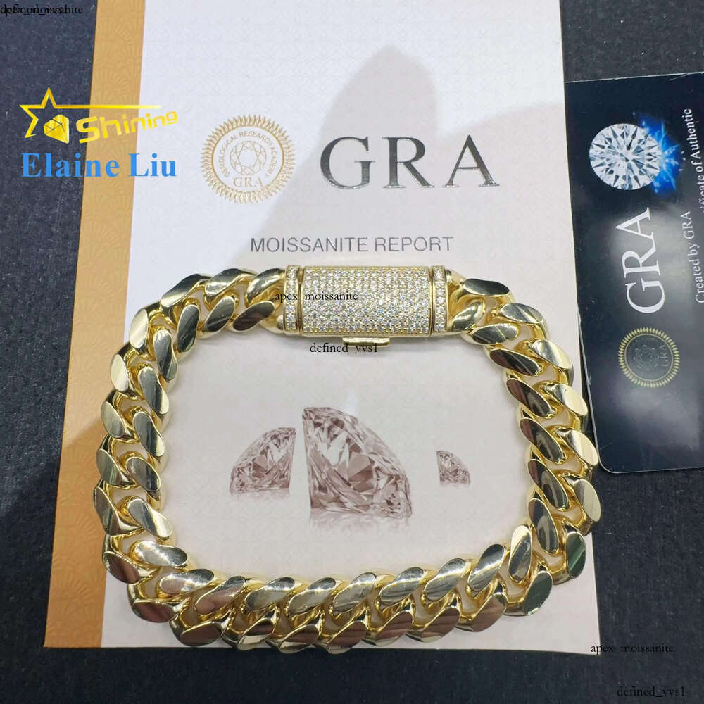 Fashion Sterling Silver 925 VVS Moissanite Lab Diamond Clasp Hip Hop Jewelry 14K Real Gold Plated Cuban Link Chain Bracelet 75