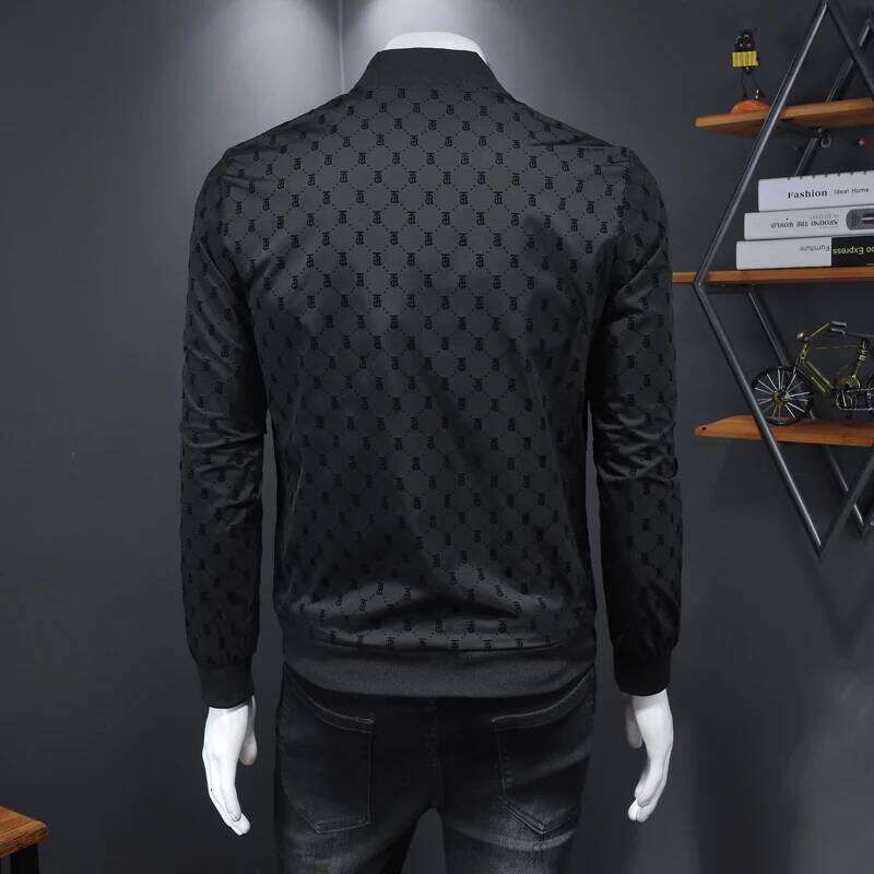 High-End Men's Fce Print Jaet Baseball Sle Casual Bla Versatile Spring Autumn Faion Urban Youth Designer Fashion 2026 Zipper Sve Long Coat