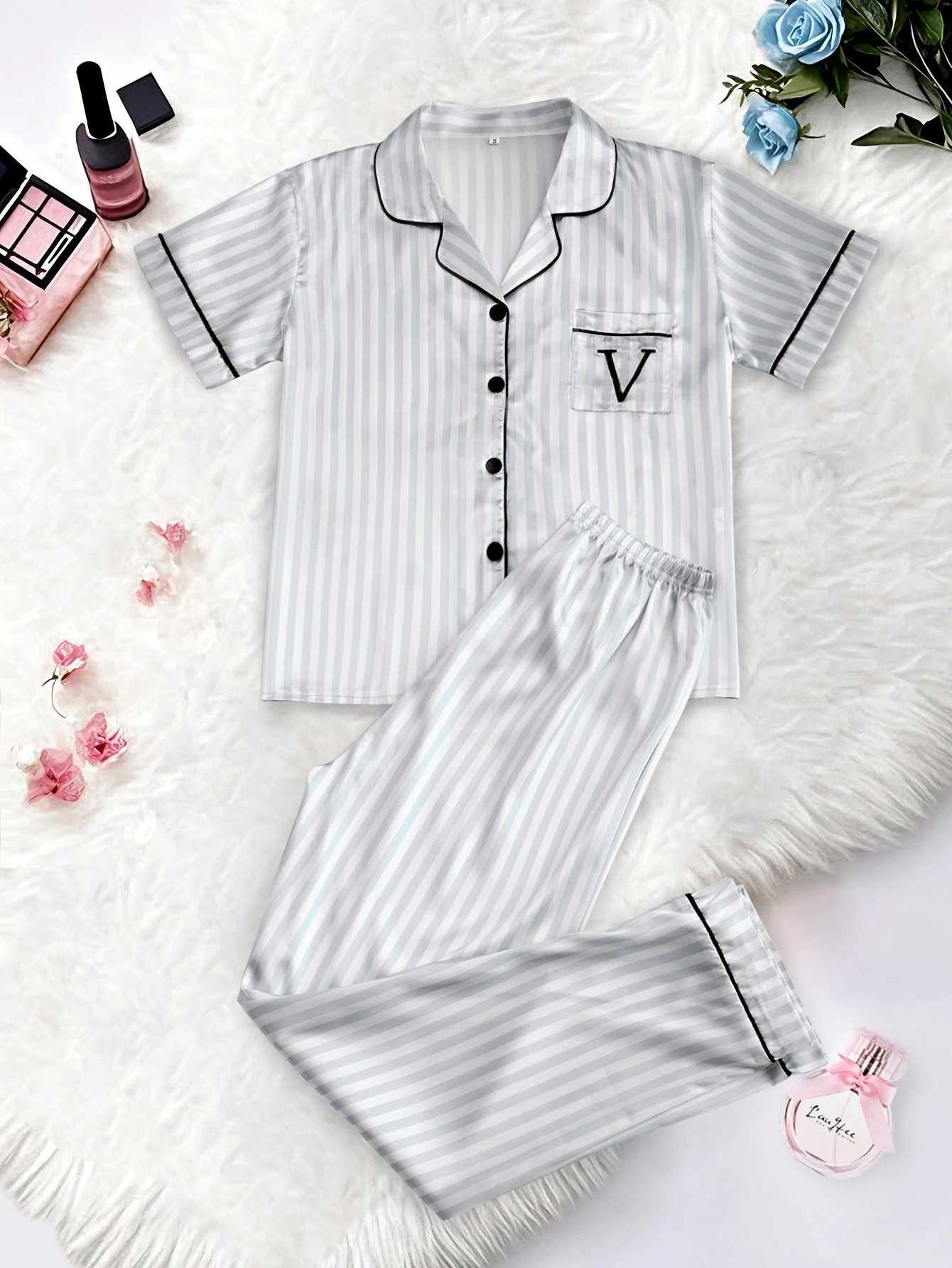 Classic Striped Print, Monogram Pocket, Short-Sleeve Long Pants Sleepwear with Lapel CollarT260212