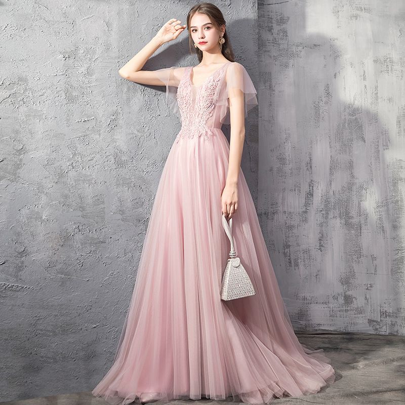 Elegant Pink Evening Dresses A Line V Neck Appliques Tulle Long Bridesmaids Prom Gowns For Women Formal Occasion Robes F12 B0312