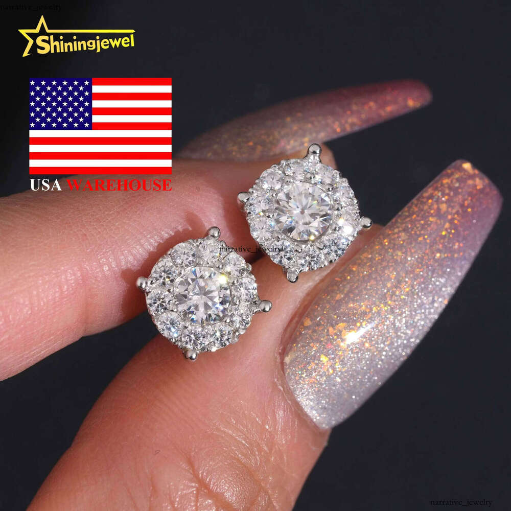 US Warehouse Silicon Stone 8.8mm Round Real Gold Plated Cluster Stud Earrings Pass VVS Moissanite Tester Hip Hop 925 Silver