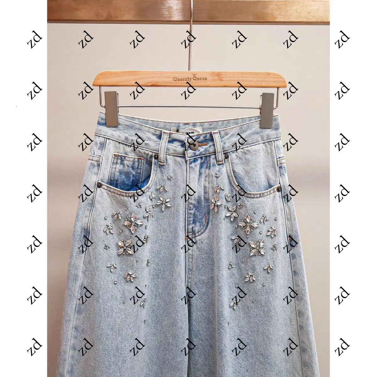 High-Quality Celebrity Style SP Home Small Flower Rhinestone Blue Jeans High Waist Loose Slimming Wide-Leg Casual Long Pants