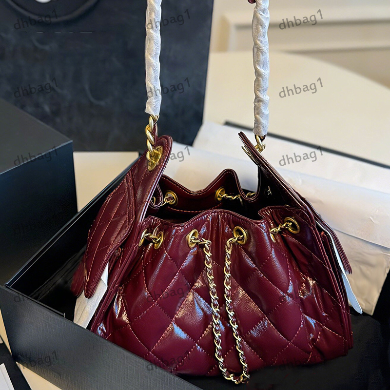 25c Hobo Oil Wax Leather Bucket Underarm Bag Designer Lady Shoulder Bags Genuine Leather Checkered Pattern Gold Metal Matelasse Chain Luxury Handbag Crossbody 22cm
