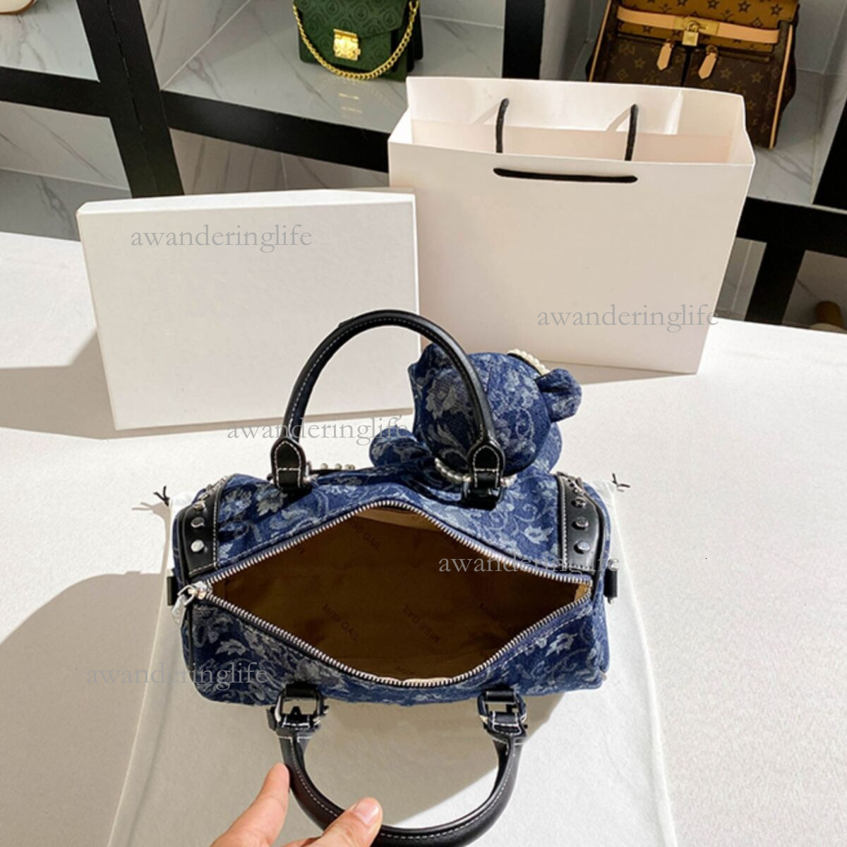 2026 Luxury New Retro Boston Bag High-end Commuting Denim Women's Shoulder Bag Fashionable Versatile Mini Rivet Student Casual Bag Trendy Pendant