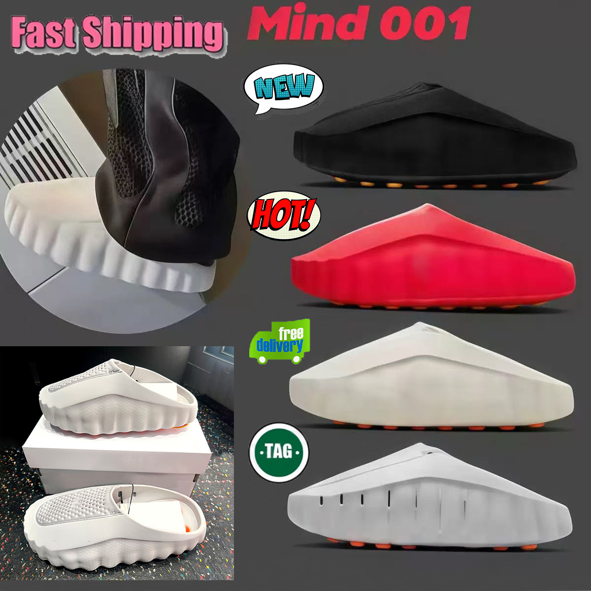 Mind 001 slides mind001 slippers designer shoe pregame mules slipper sandals bone Light Smoke Grey Solar Red rubber tech comfortable men women slide summer shoes