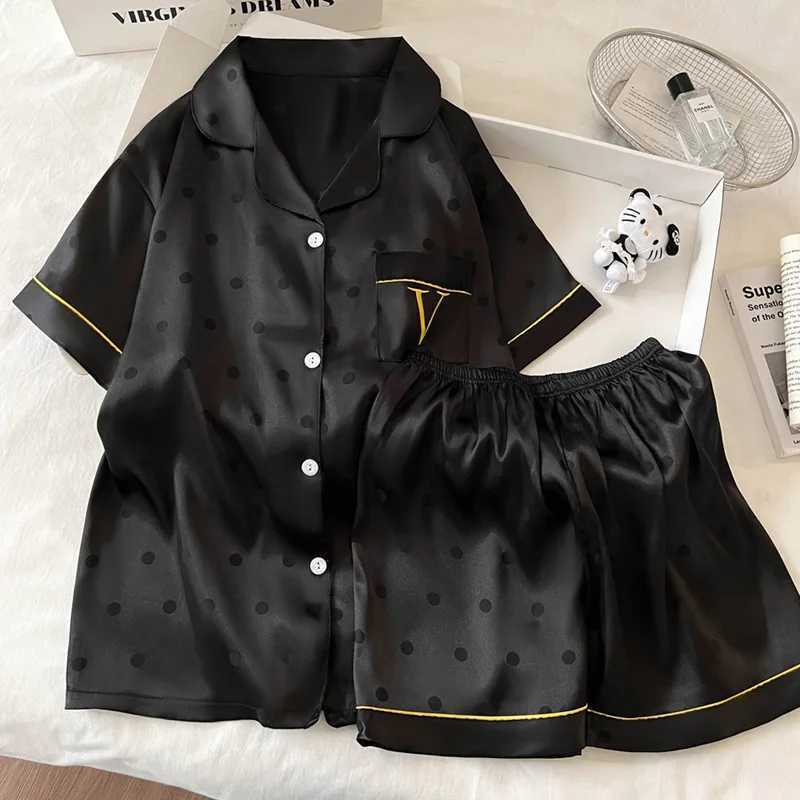 Women's Satin Pajama Set - Breathable Satin, Black Polka Dot, Gold Trim, Comfortable Summer SleepwearT260212