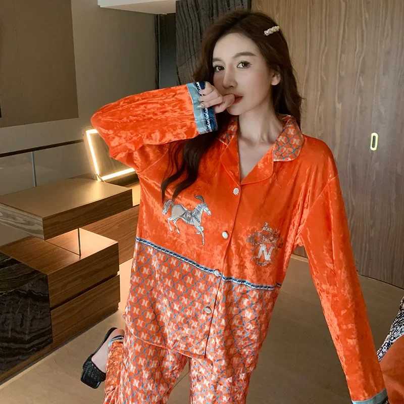 Women's Satin Pajama Set - Vibrant Orange, Horse Embroidery, Contrast Trim, Comfortable LoungewearT260212