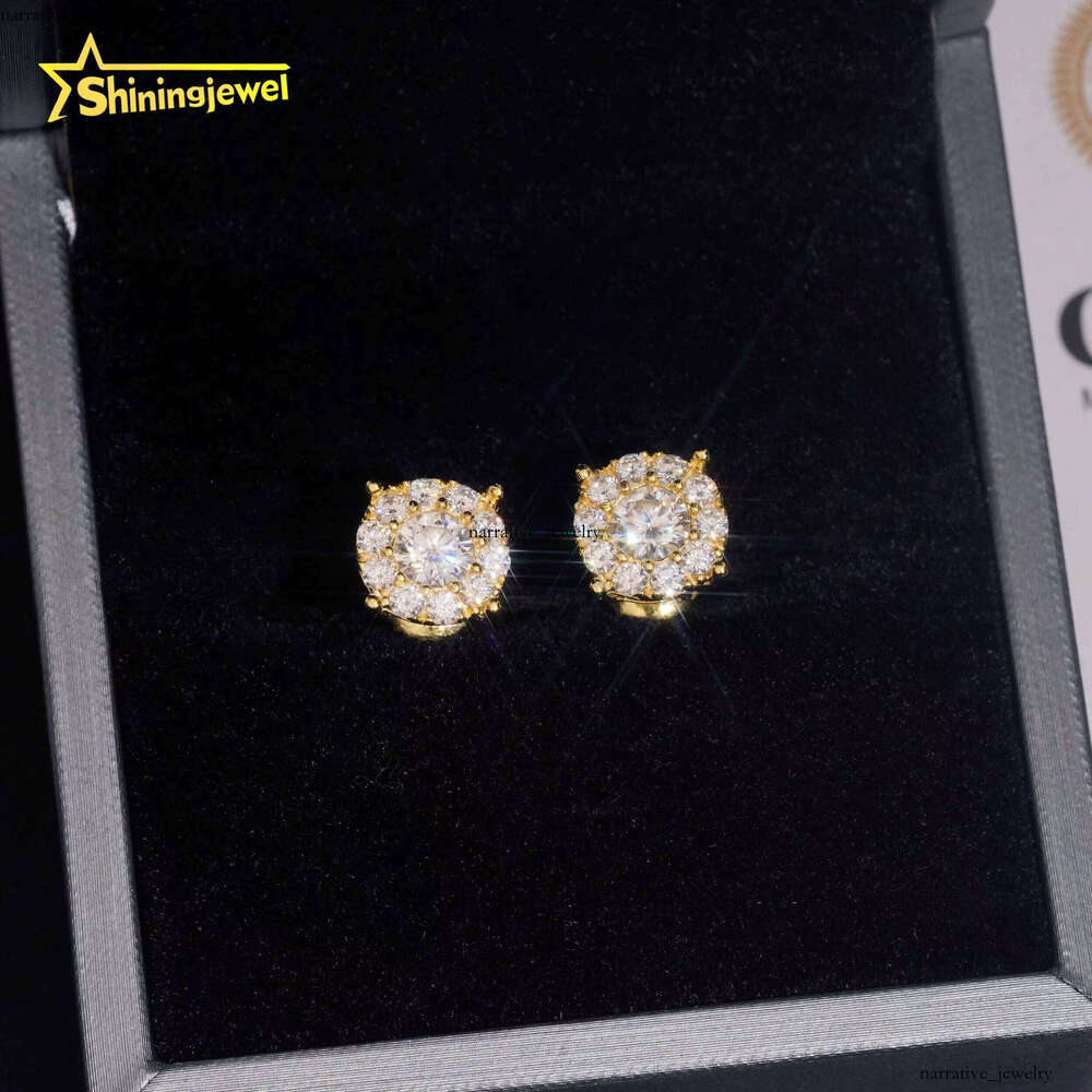 US Warehouse Silicon Stone 8.8mm Round Real Gold Plated Cluster Stud Earrings Pass VVS Moissanite Tester Hip Hop 925 Silver