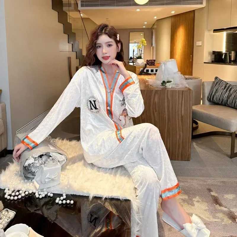 Plus Size Winter Spring Pajamas Women Korean Soft Comfort Gold Velvet Long-Sleeved Trousers Suit V-Neck High-Grade Home ClothesT260212