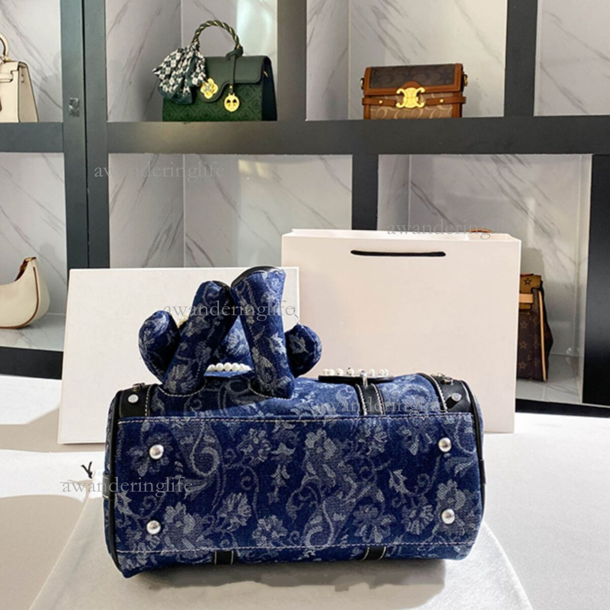2026 Luxury New Retro Boston Bag High-end Commuting Denim Women's Shoulder Bag Fashionable Versatile Mini Rivet Student Casual Bag Trendy Pendant