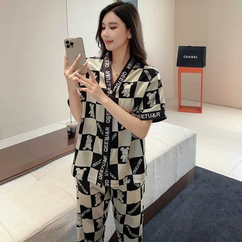 Cute Bear Print, Short Sleeve Long Pants, Soft Cool Summer LoungewearT260212