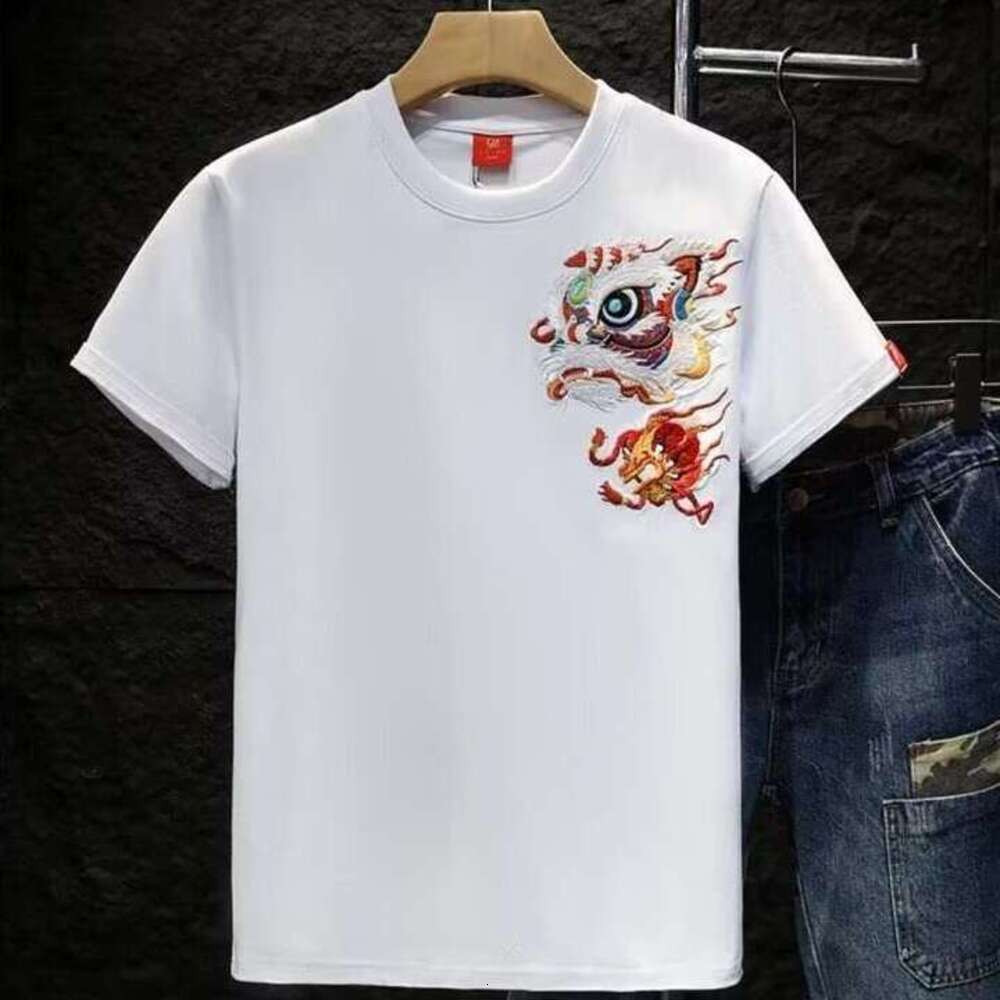 Men's Summer Short T-Shirt National Trend Lion Dance Chinese Style Half Sleeve Tee Trendy Versatile Base Shirt Comfortable Soft Casual