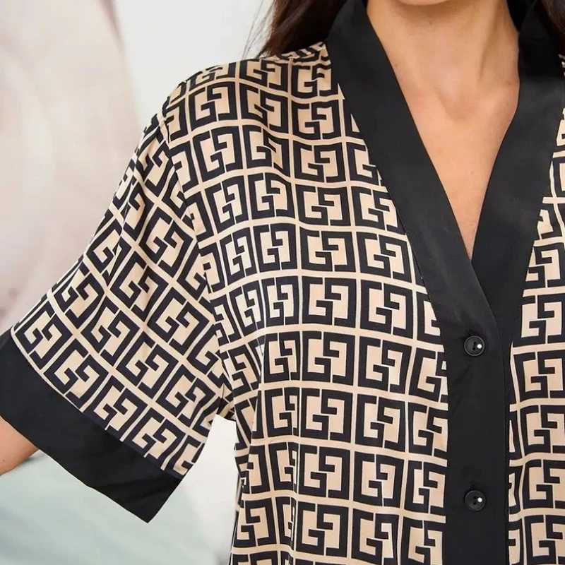 Women's Pajama Set - Elegant Botanic Print, Kimono Collar, Short Sleeve, Silky Soft Silk-Like Fabric, Summer Breathable Casual 2-Piece Loungewear