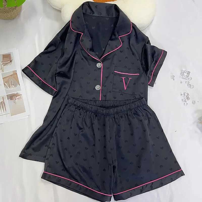 Ice-Silk Cool-Touch, Black Heart Print, Short-Sleeve Shorts Summer NightwearT260212